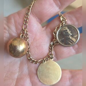 12K Gold Filled Bracelet, Softball, From The Team Charms + One Cent Silver 1944